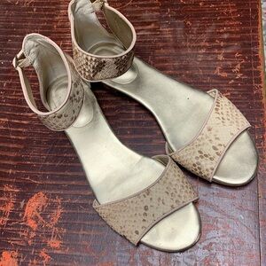 Ann Taylor Snakeskin Flat Sandals Gold Tan Cream Neutral Caroleigh Anya Size 8